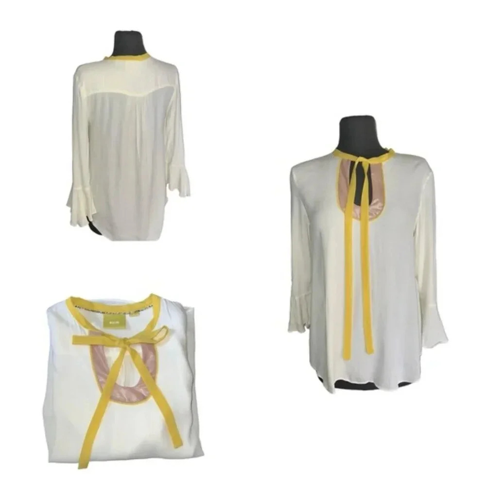 Anthropologie Maeve Callum cream mustard tie front flare sleeve blouse sz Small